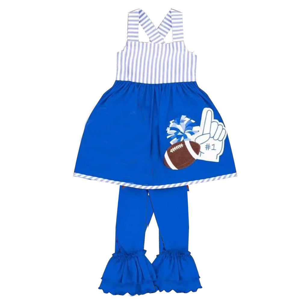 4.22 Pre order No Moq Baby Girls Cute Strap Top With Black Footballs And Cheer Print Ruffle Pant Team Outfit