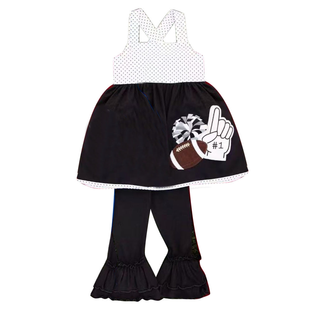 4.22 Pre order No Moq Baby Girls Cute Strap Top With Black Footballs And Cheer Print Ruffle Pant Team Outfit