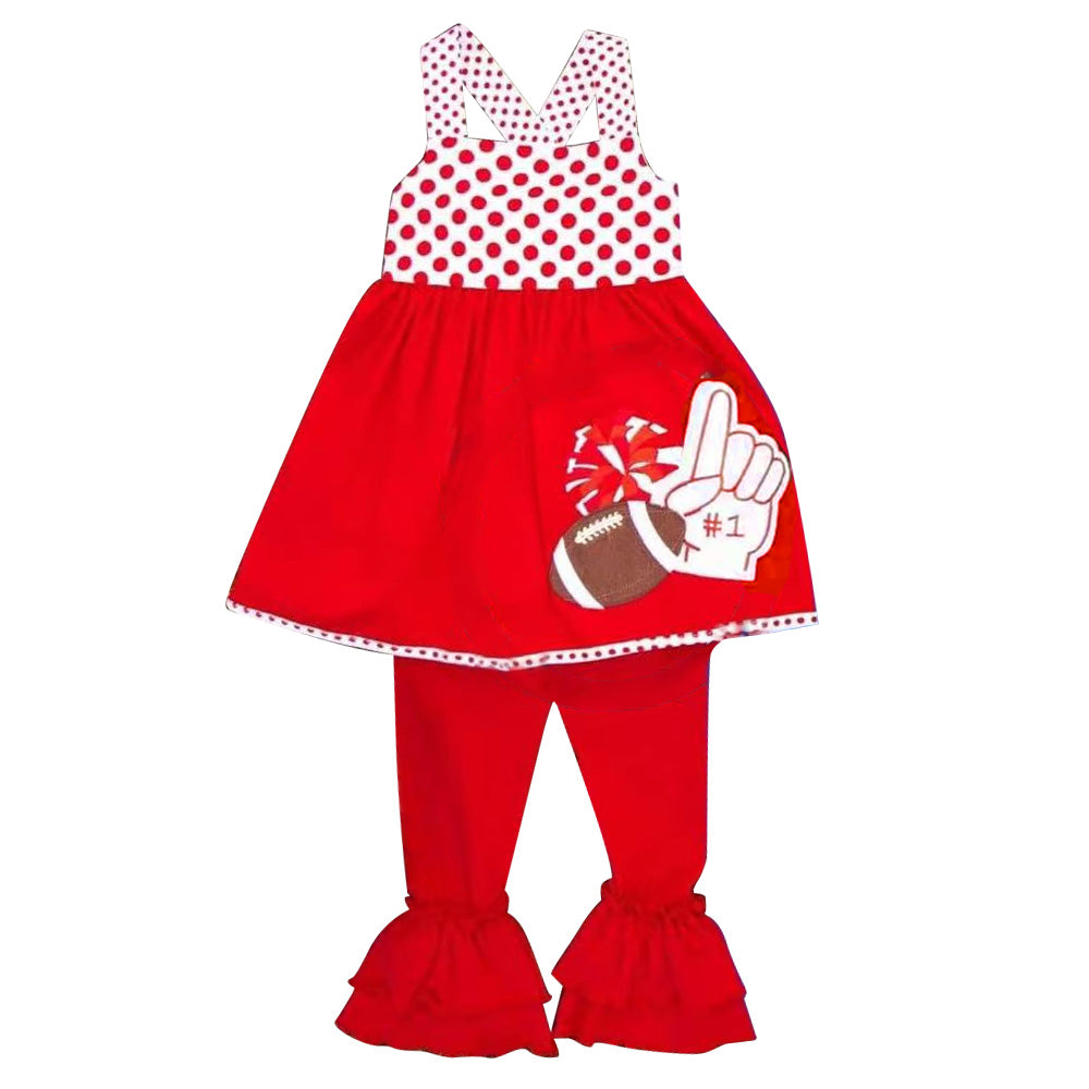 4.22 Pre order No Moq Baby Girls Cute Strap Top With Black Footballs And Cheer Print Ruffle Pant Team Outfit