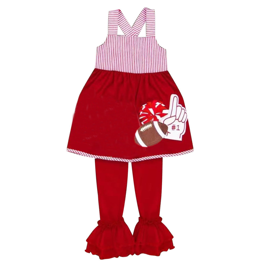4.22 Pre order No Moq Baby Girls Cute Strap Top With Black Footballs And Cheer Print Ruffle Pant Team Outfit