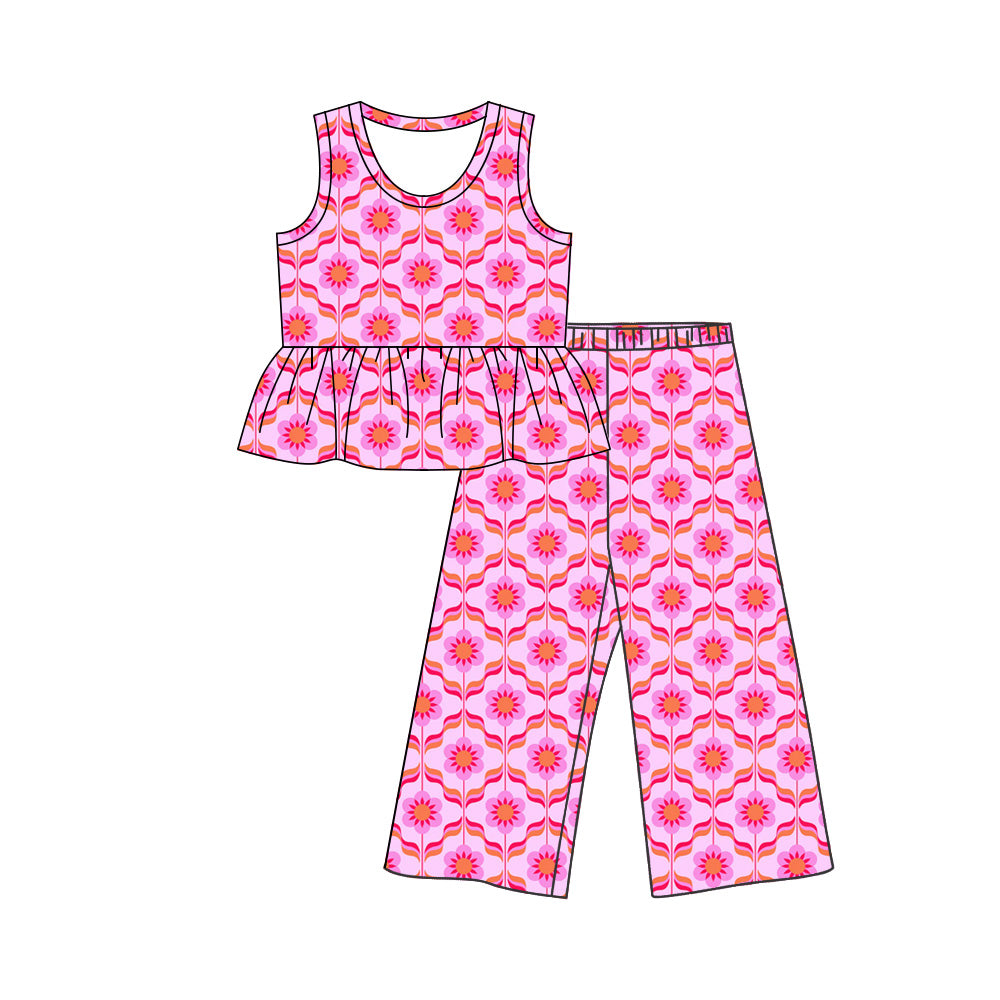 5.9 Pre order No Moq  Baby Girls Colorful Flowers  Tunic Flare Pants Clothes Set