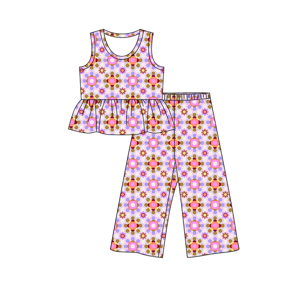 5.9 Pre order No Moq  Baby Girls Colorful Flowers  Tunic Flare Pants Clothes Set