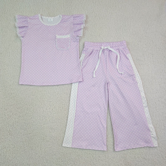 GSPO2328 RTS NO MOQ （In stock）Lavender polka dots flutter sleeves top pants girls outfits