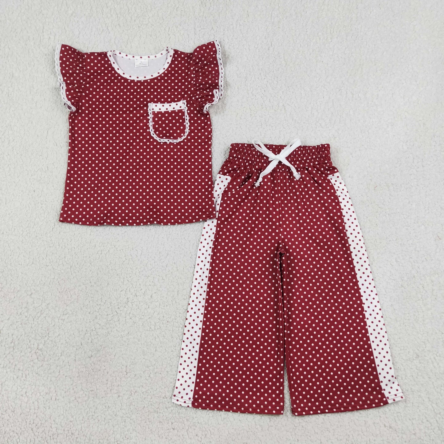 GSPO2329 RTS NO MOQ （In stock）Baby Girls Maroon Polka Dots Pocket Top Flare Pant Clothes Sets