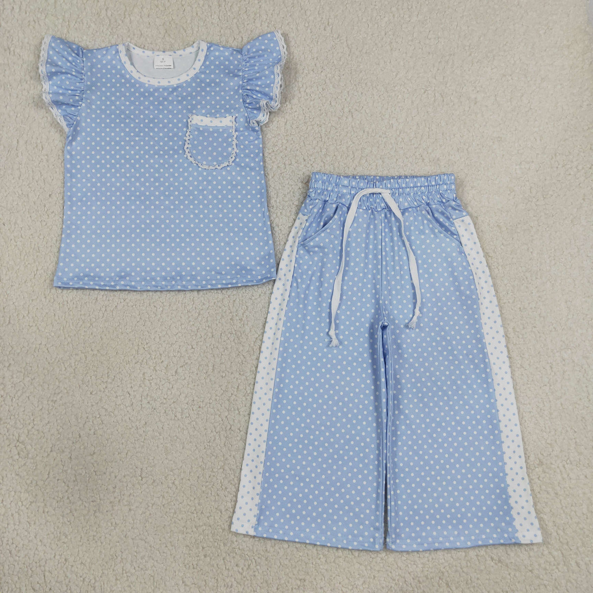 RTS NO MOQ Sibling milk silk Baby Girls Polka Dot Ruffle Sleeve Pocket Top Contrast Side Wide Leg Pants Set