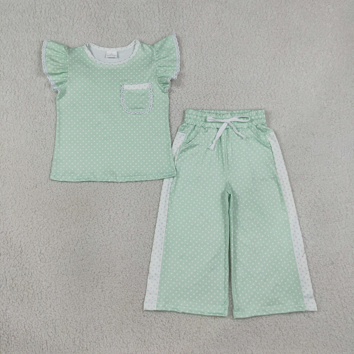 GSPO2332 RTS NO MOQ （In stock）Green polka dots flutter sleeves top pants girls outfits