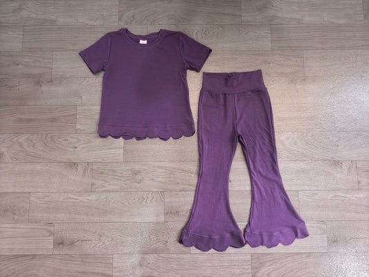 GSPO2346（GT1776+P1084）Sample No Moq Baby Girls Purple Short Sleeve Shirts Top Flare Pant Scallop Clothes Sets