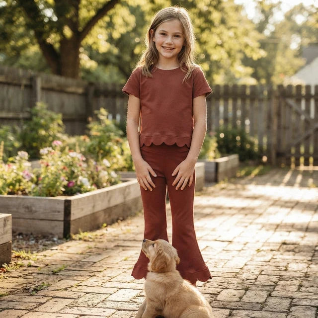 RTS NO MOQ （In stock）cotton GSPO2347（GT1777+P1085）Baby Girls Brown Short Sleeve Shirts Top Flare Pant Scallop Set
