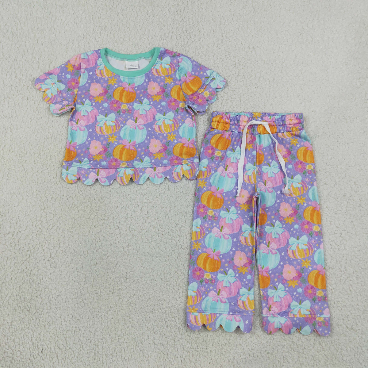 RTS NO MOQ （In stock）milk silk GSPO2364 Baby Girls Colorful Flowers Pumpkins Top Pants Fall Scallop Clothes Set