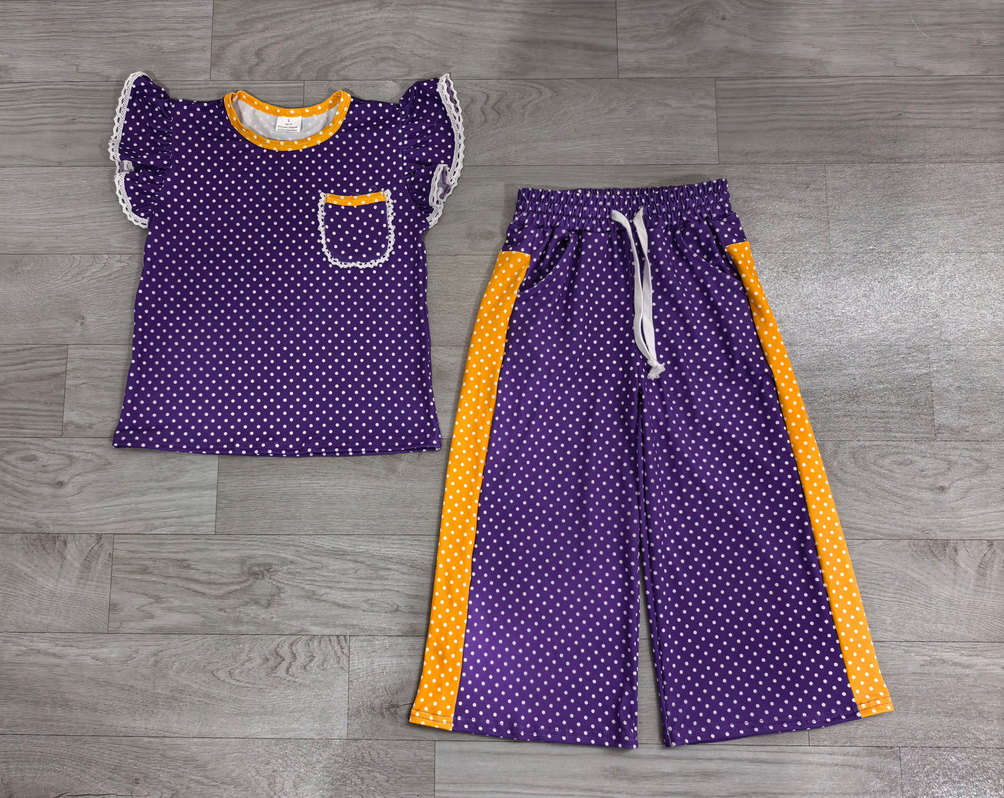 GSPO2366 Sample No Moq milk silk Baby Girls Purple Polka Dots Pocket Top Flare Pant Clothes Set