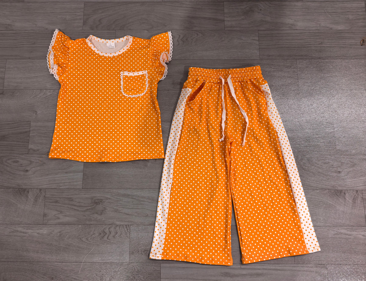 GSPO2367 Sample No Moq milk silk Baby Girls Orange Polka Dots Pocket Top Flare Pant Clothes Set