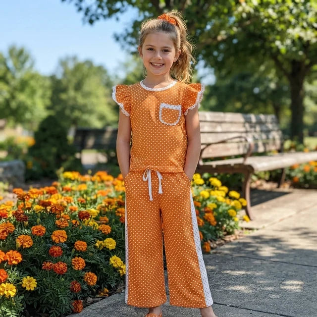 RTS NO MOQ （In stock）milk silk GSPO2367 Baby Girls Orange Polka Dots Pocket Top Flare Pant Clothes Set Fall Casual Outfit