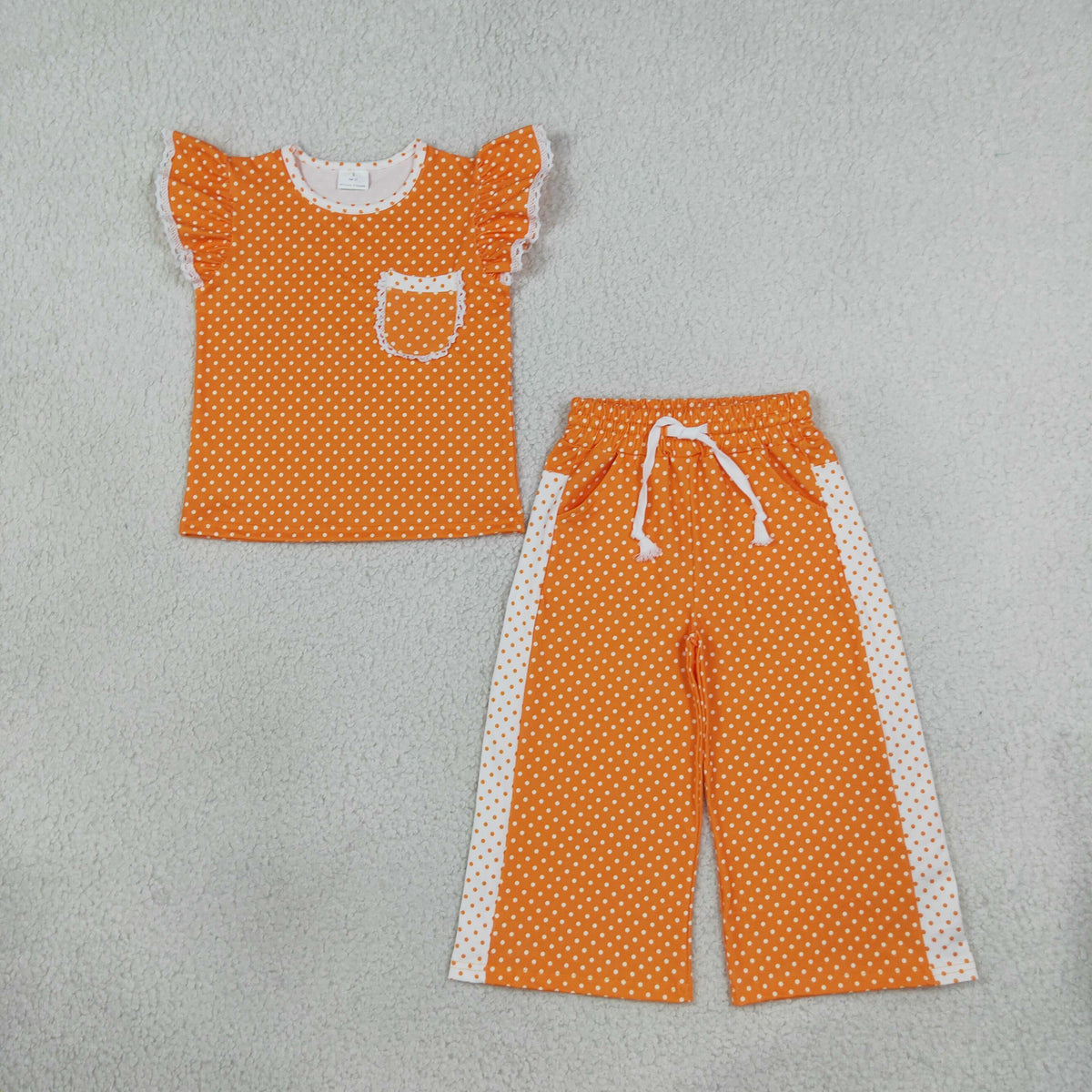 RTS NO MOQ （In stock）milk silk GSPO2367 Baby Girls Orange Polka Dots Pocket Top Flare Pant Clothes Set Fall Casual Outfit