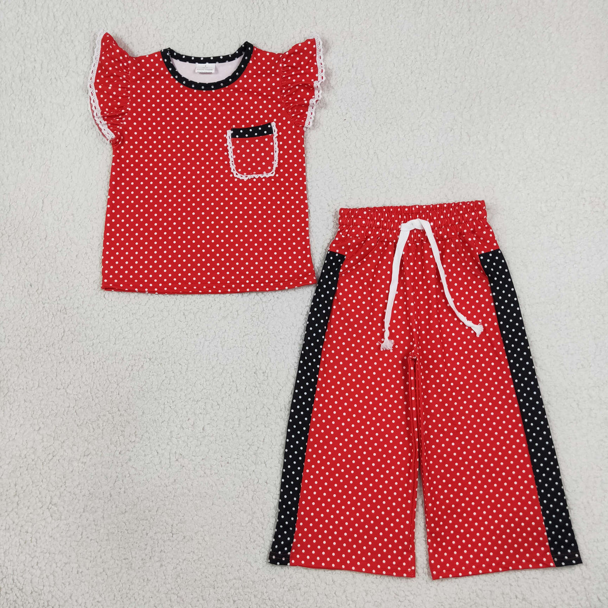 RTS NO MOQ Sibling milk silk Baby Girls Polka Dot Ruffle Sleeve Pocket Top Contrast Side Wide Leg Pants Set