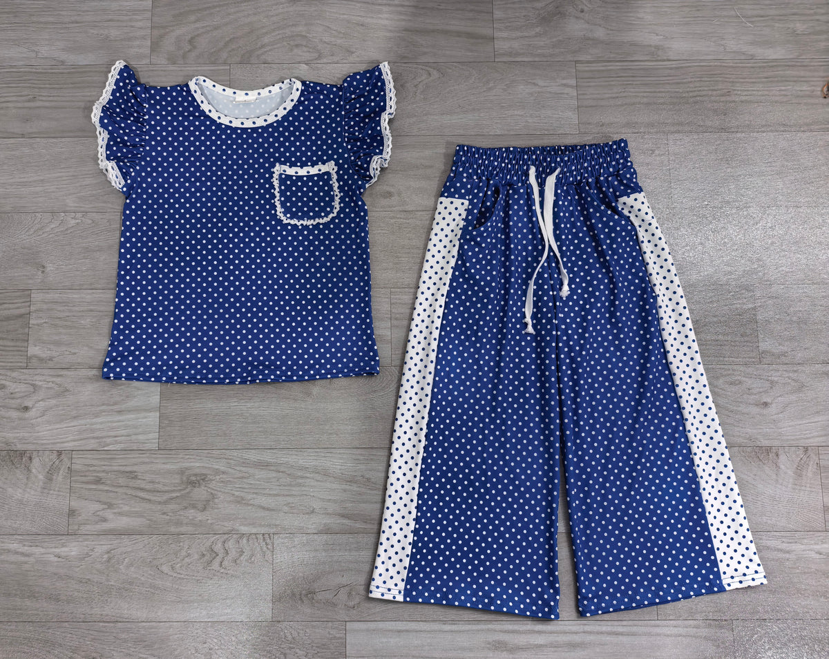 GSPO2372 Sample No Moq milk silk Baby Girls Blue Polka Dots Pocket Top Flare Pant Clothes Set