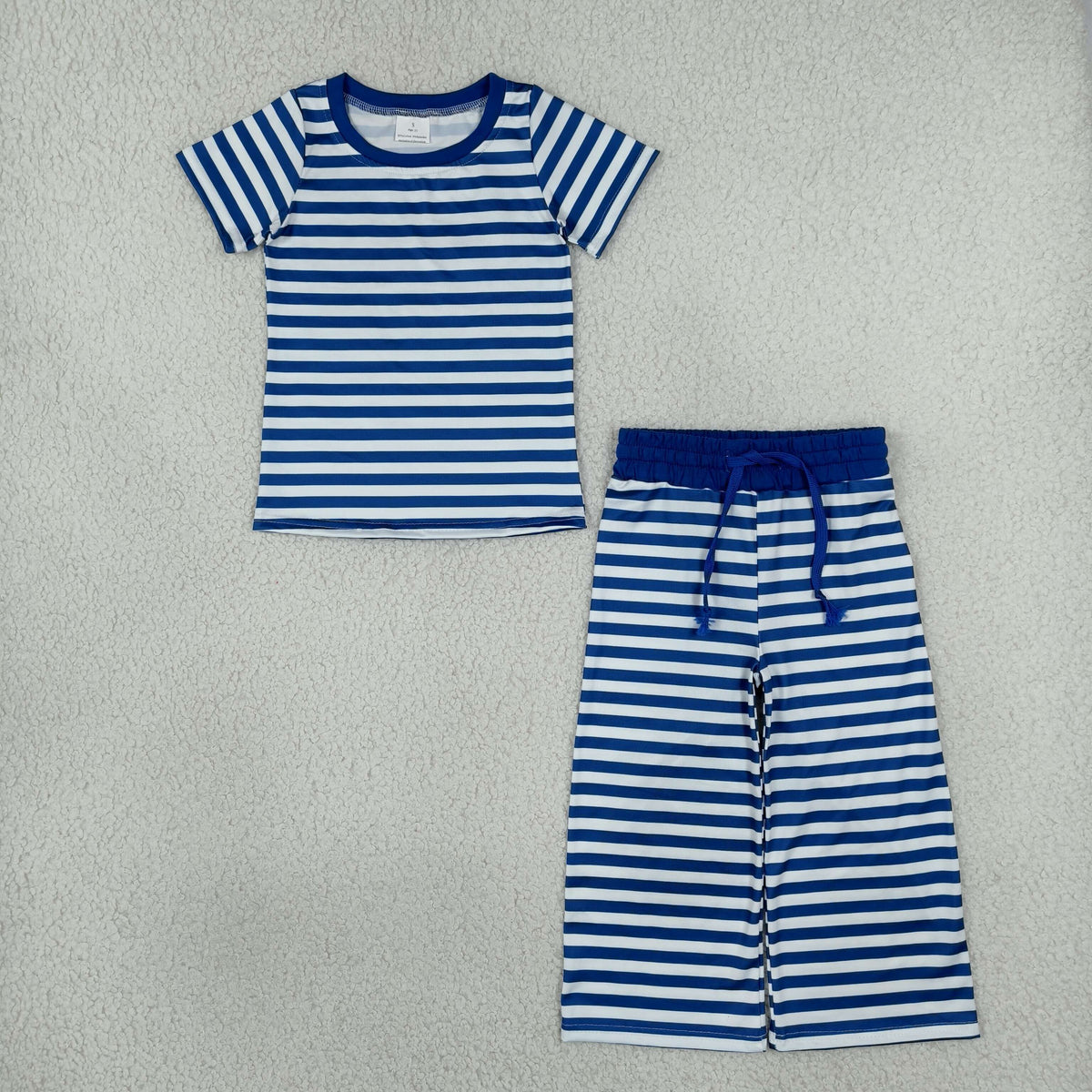 RTS NO MOQ （In stock）milk silk GSPO2385 Baby Girls Short Sleeve Blue Stripe Top Straight Pant Pajamas Clothes Set Night Sleep Wear