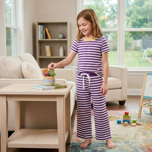 RTS NO MOQ （In stock）milk silk GSPO2386 Baby Girls Short Sleeve Purple Stripe Top Straight Pant Pajamas Clothes Set Night Sleep Wear