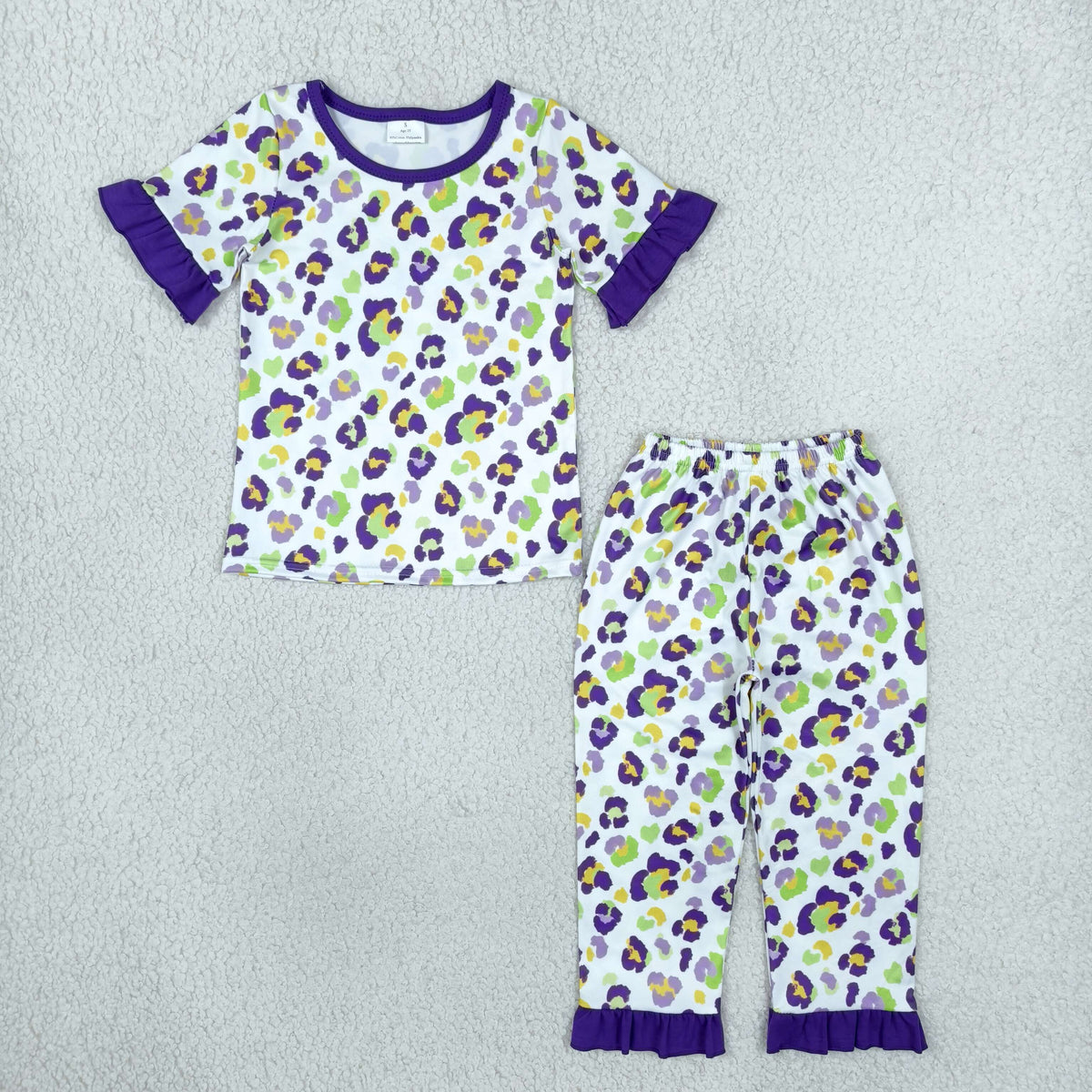 RTS NO MOQ （In stock）milk silk GSPO2388 Baby Girls Leopard Print Short Sleeve Top Ruffle Hem Pant Pajamas Set