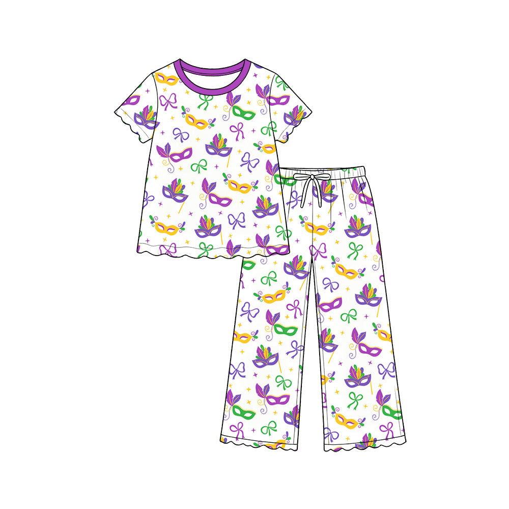 (Preorder new) No moq Toddler Girls Print Scalloped Trim Short Sleeve Top Wide Leg Pants Pajama Set