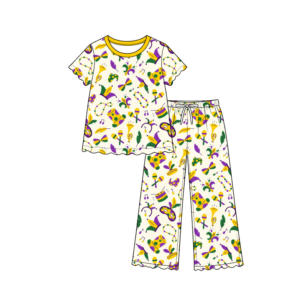 (Preorder new) No moq Toddler Girls Print Scalloped Trim Short Sleeve Top Wide Leg Pants Pajama Set