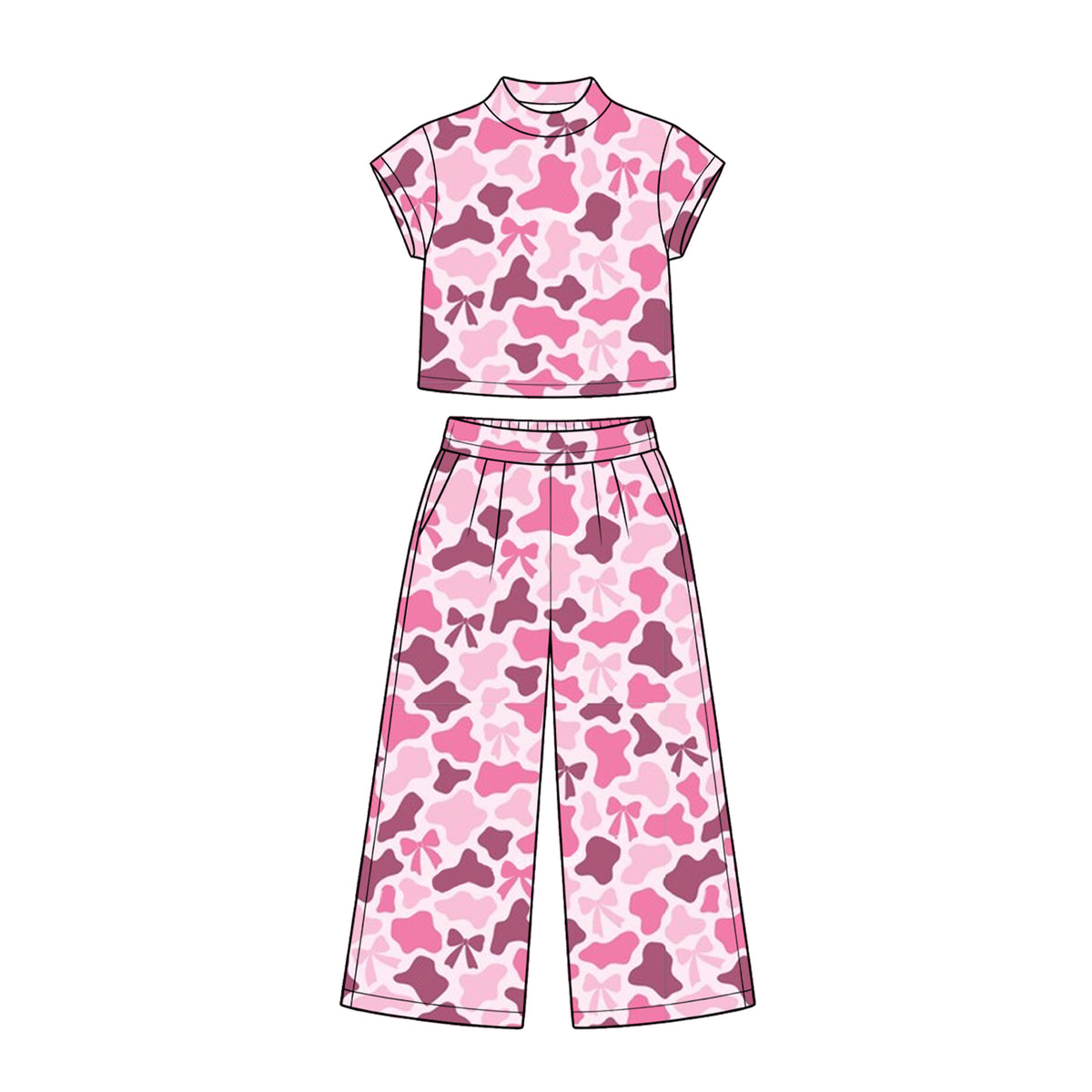 (Preorder new) No moq Baby Girls Camo Print Top And Wide Leg Pants Casual Sets