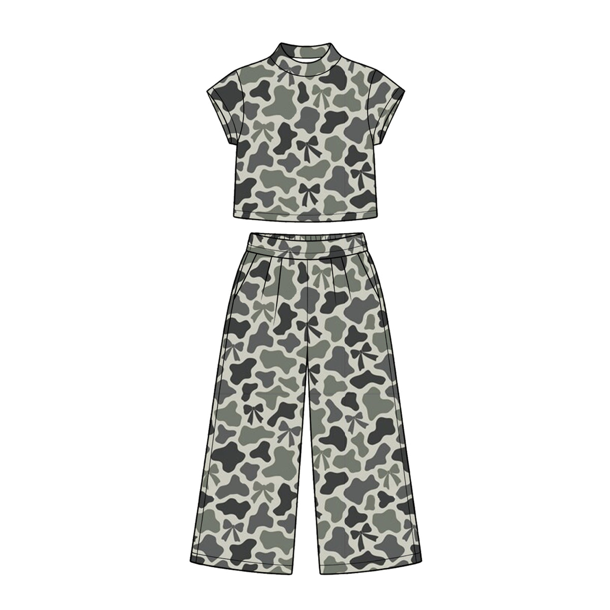 (Preorder new) No moq Baby Girls Camo Print Top And Wide Leg Pants Casual Sets