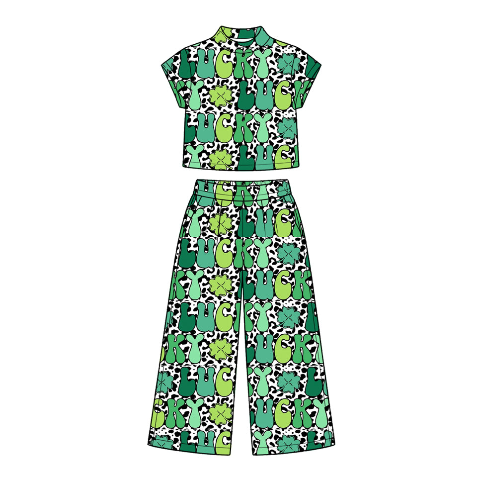 (Preorder new) No moq Baby Girls Green Short Sleeve Wide Leg Pant Set
