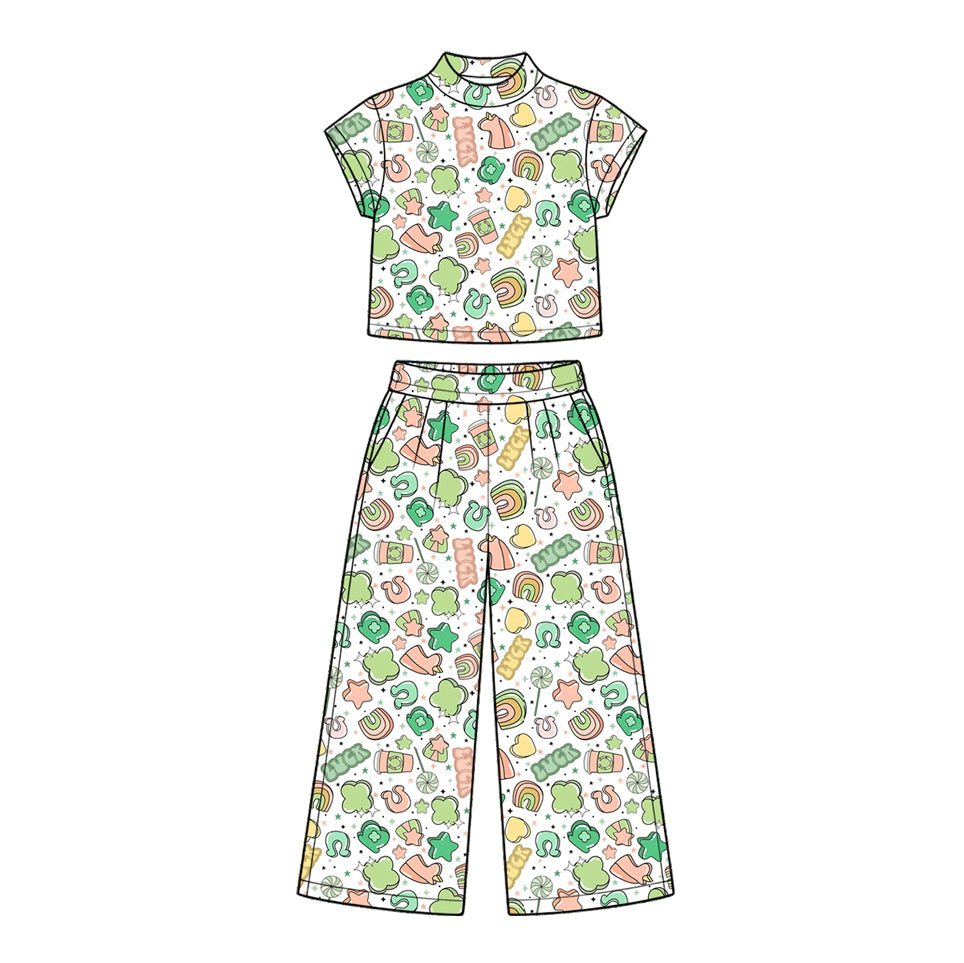 (Preorder new) No moq Baby Girls Green Short Sleeve Wide Leg Pant Set