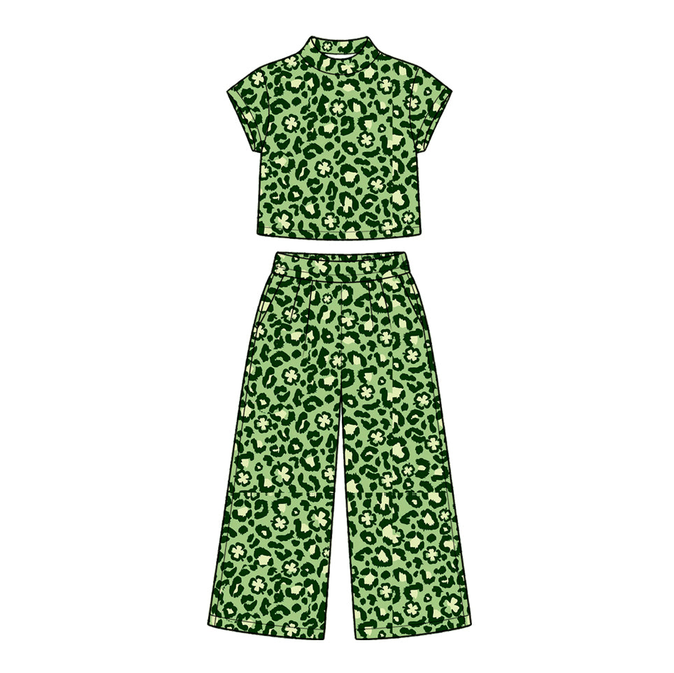 (Preorder new) No moq Baby Girls Green Short Sleeve Wide Leg Pant Set