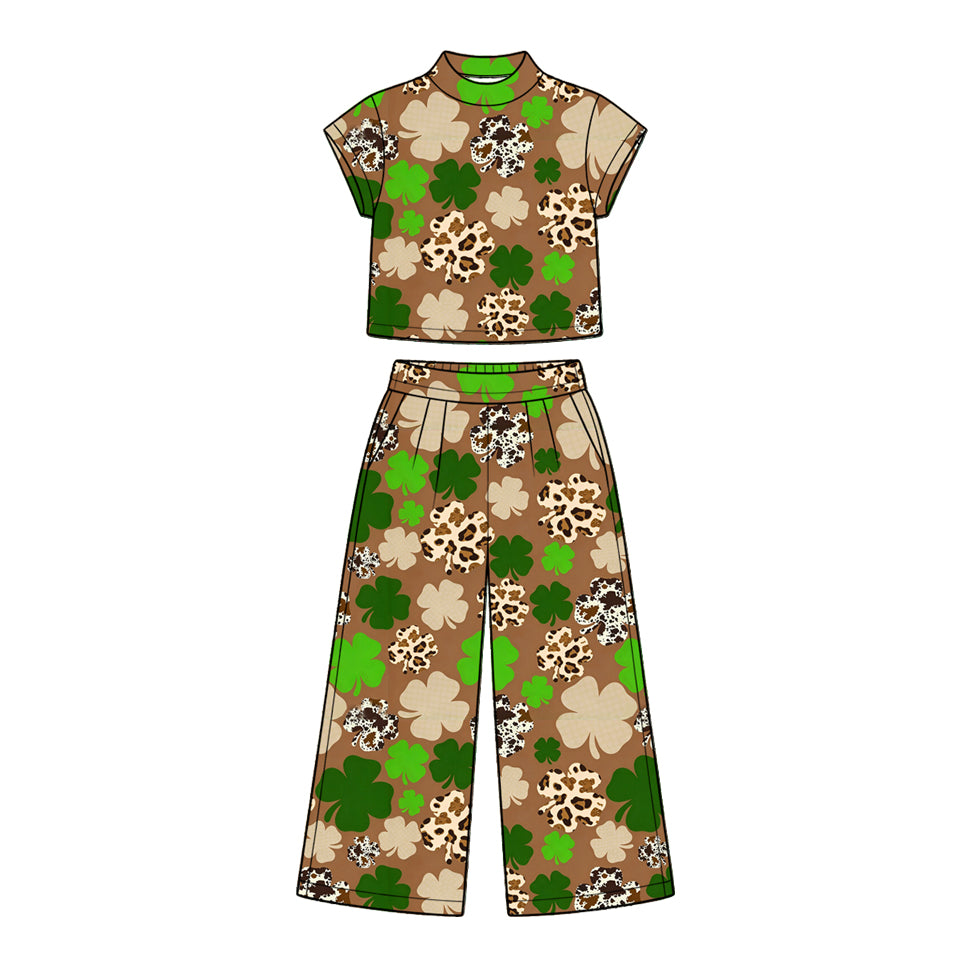 (Preorder new) No moq Baby Girls Green Short Sleeve Wide Leg Pant Set