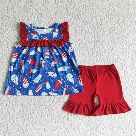 GSSO0044Girls Popsicle-Themed Ruffle Shorts Set 4th of July Clothing Fun Patriotic Outfit for Kids