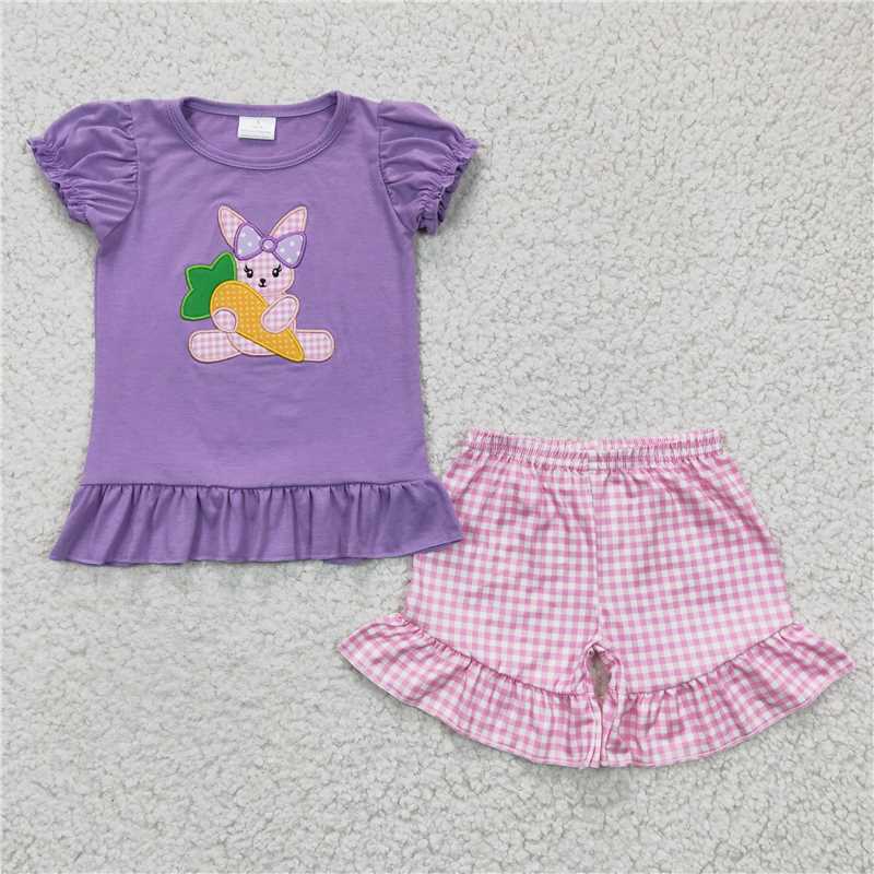 GSSO0126 Girls Embroidered Rabbit Carrot Purple Short Sleeve Shorts Set