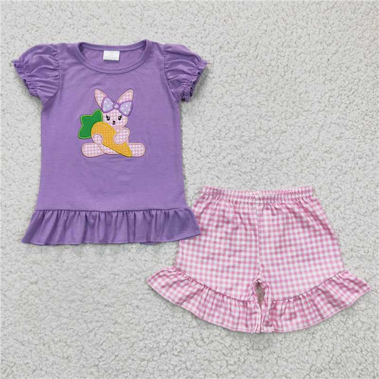 GSSO0126 Girls Embroidered Rabbit Carrot Purple Short Sleeve Shorts Set