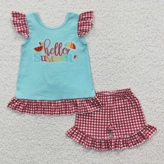 GSSO0134   Kids girls clothes flying sleeves top with shorts set-promotion 2024.6.1 $5.5