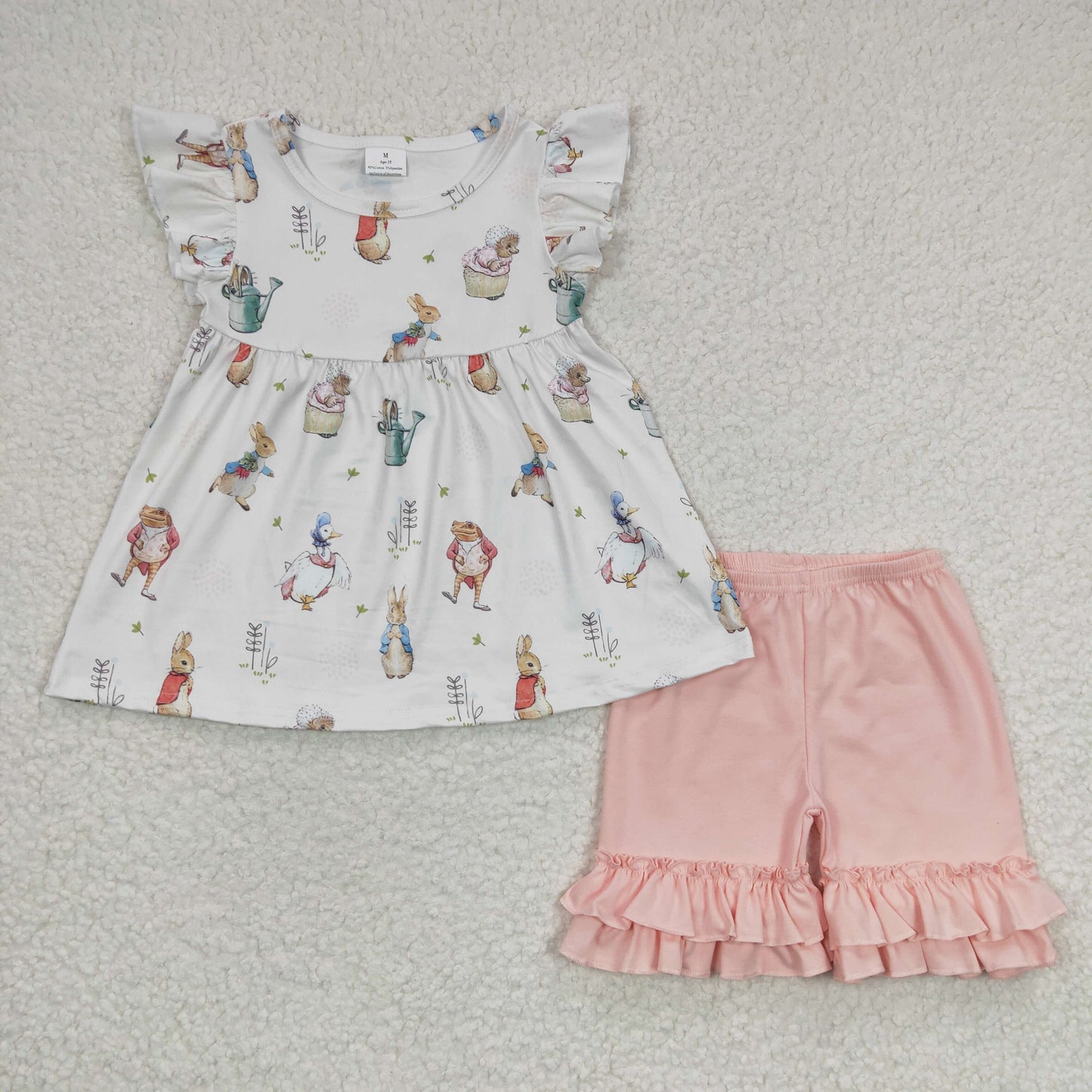 3.7 GSSO0154 RTS No Moq Promotion Baby Girls Summer Flutter Sleeve Easter Rabbit Ruffle Shorts Clothes Sets