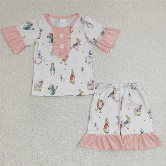 GSSO0155Girls Pink Ruffles Short Sleeves Rabbit Shirt Pajamas Set Easter Theme Sleepwear Comfortable Soft Material for Kids