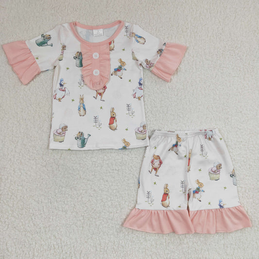 3.7 GSSO0155 RTS No Moq Promotion Baby Girls Summer Short Sleeve Easter Rabbit Shorts Sets Pajamas