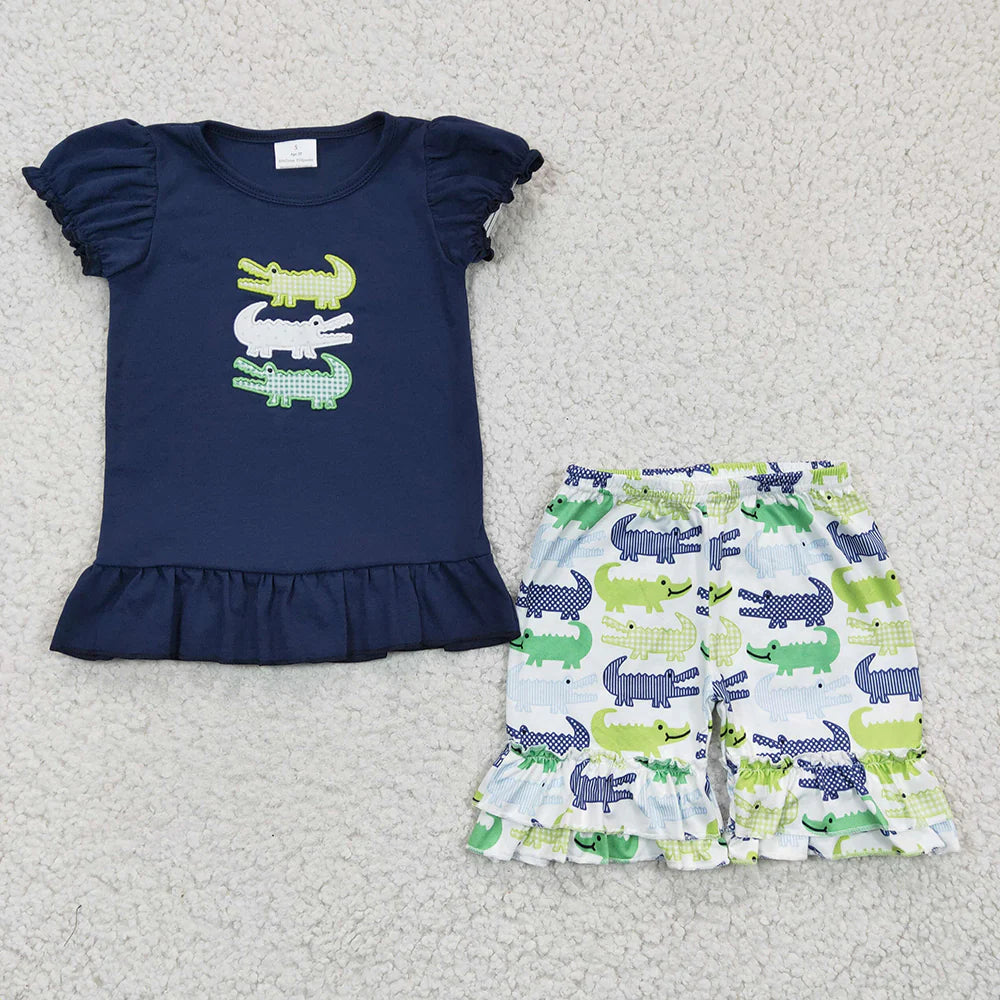 12.17 RTS Sibling Boys Baby Girls Summer Crocodile Embroidery Shorts Sets