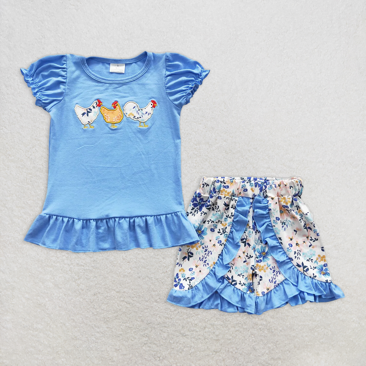 8.25 RTS NO MOQ Baby Girls Summer Outfits Chicken print shirt floral shorts girls clothing set  rompers