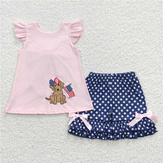 GSSO0236Girls Backless Bow Dog Flag Embroidery 4th of July Clothes Fourth of July Outfit Pet Friendly Patriotic Fashion