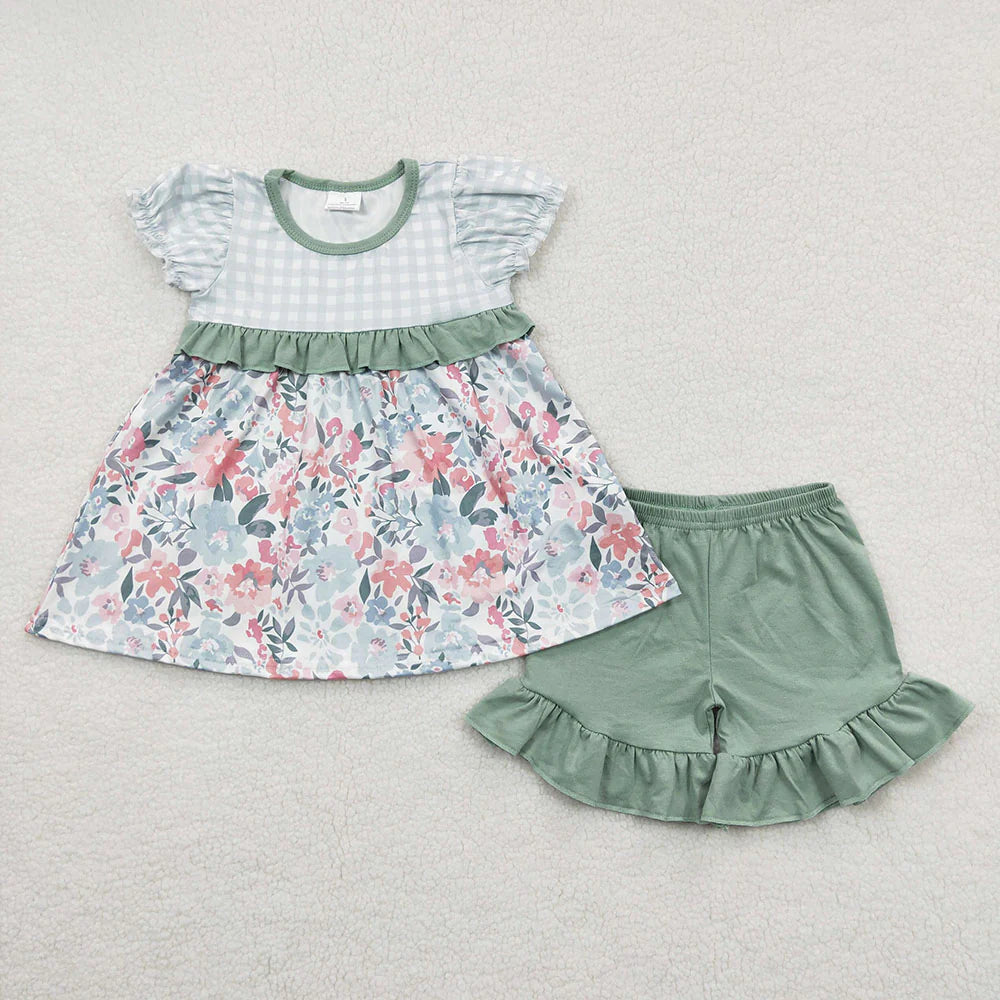 12.23 RTS Sibling Baby Girls Green Floral Dresses Outfits Clothes Sets
