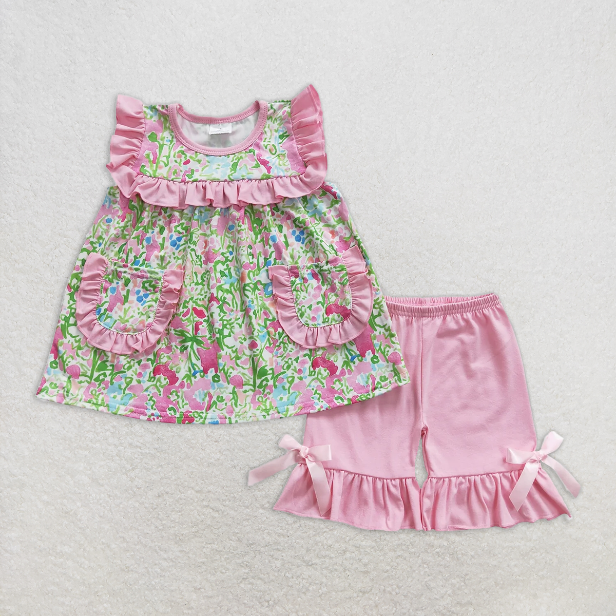 7.18   GSSO0338 RTS NO MOQ Baby Girls Summer Outfits Floral Pink Lace Pocket Sleeveless Shorts Set
