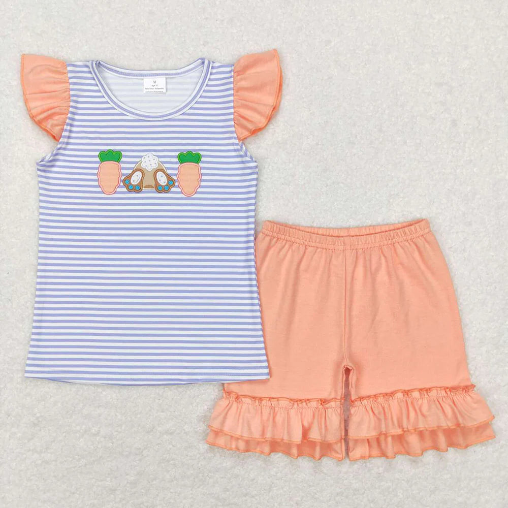 1.17 RTS Sibling Baby Kids Embroidery Carrot Rabbit Stripe Top Shorts Easter Clothes Set Rompers