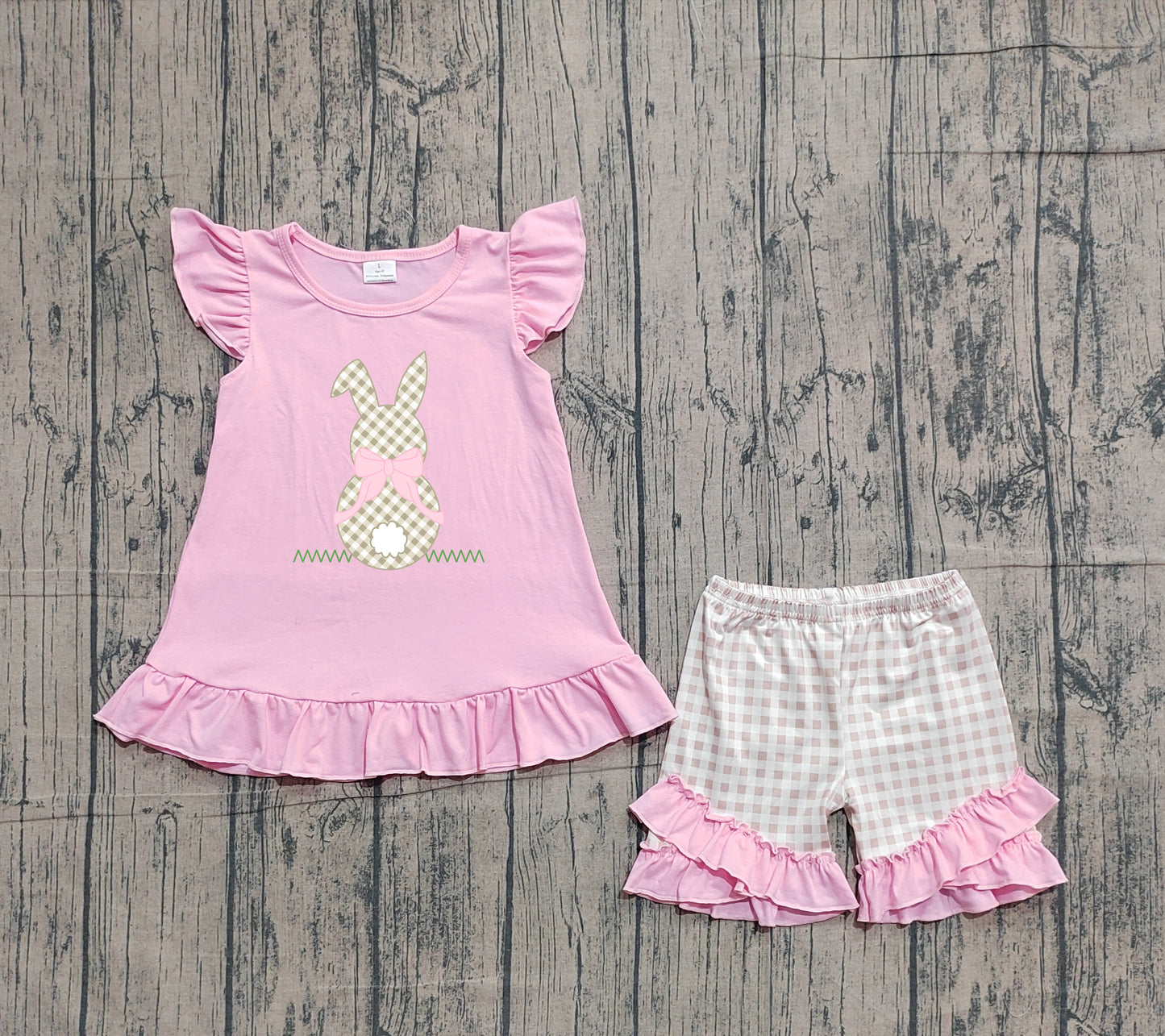 1.19 GSSO0374 Sample No Moq Embroidery Rabbits Baby Girls Pink Shirts Checked Ruffle Shorts Easter Clothes Sets