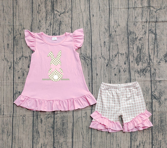 1.19 GSSO0374 Sample No Moq Embroidery Rabbits Baby Girls Pink Shirts Checked Ruffle Shorts Easter Clothes Sets