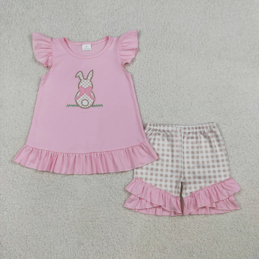 3.20 RTS Sibling Baby Kids Embroidery Rabbits Top Checked Short Easter Clothes Sets