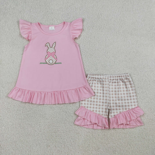 3.19 RTS NO MOQ （In stock）GSSO0374 Kids Clothing for Baby Girls Flutter Sleeve Embroidery Rabbit  Pink Tunic Checked Ruffle Shorts Easter Sets