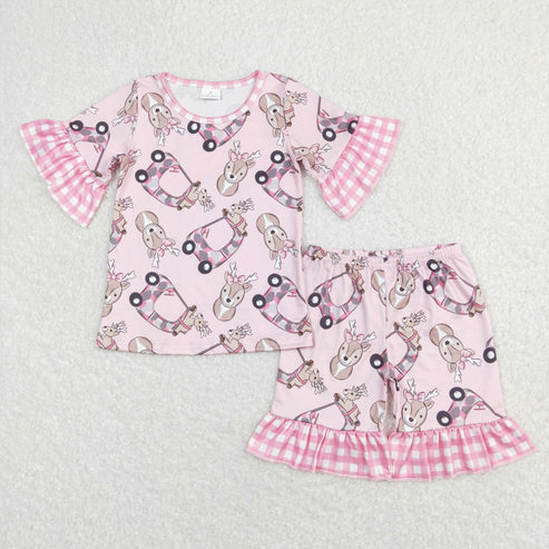 9.18 RTS Sibling Baby Girls Trucks Deer Checked Sleeves Top Shorts Pants Christmas Clothes Sets