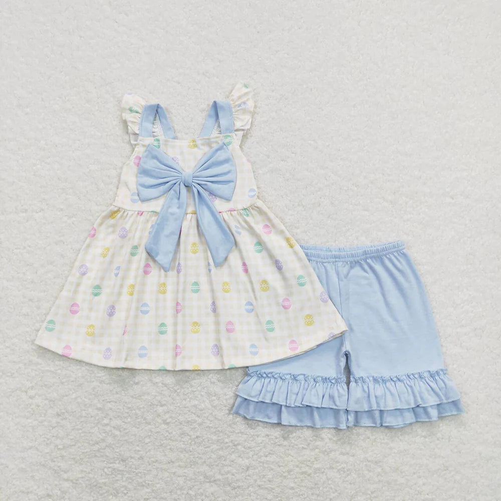 2.10 RTS Sibling Baby Girls Summer Bow Easter Eggs Rompers Dresses Outfits Suits