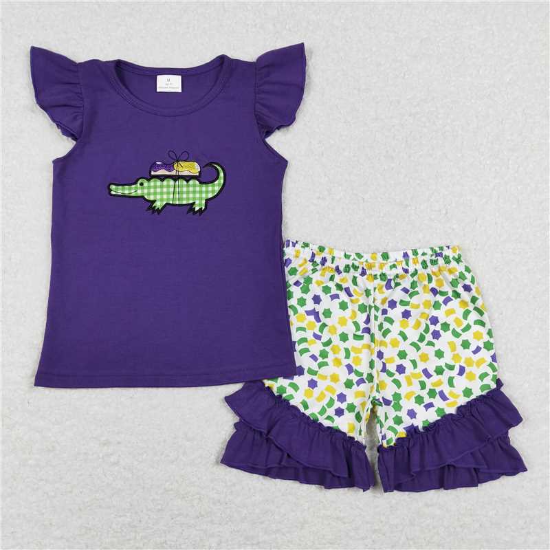 8.12  Sibling Crocodile embroidery top shorts boys and girls mardi gras outfits